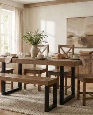 Brooklyn Small 140/180cm Extending Table, 4 Crossback Chairs & Bench in Cashew