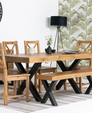 PRE ORDER - Brooklyn Small X LEG 140/180cm  Extending Table, 4 Chairs & Bench in LIGHT