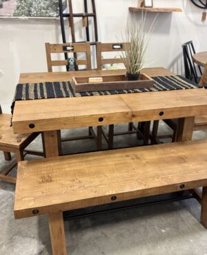 Kai 180/240cm Extending Dining Table, 4 Flea PU Chairs plus Bench - in Cashew