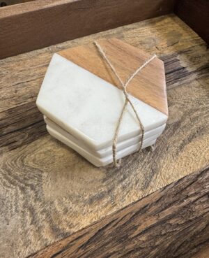 Marble & Wood Hexagon Coaster Sets
