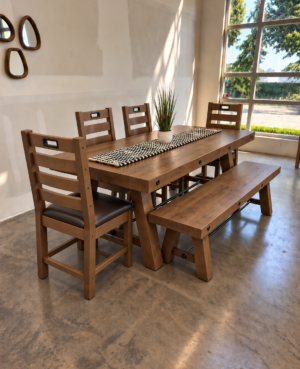 Kai 180/240cm Extending Dining Table & 4 Flea Chairs plus Bench in Cashew - ARRIVES OCT