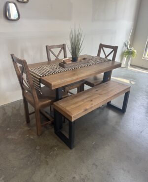 Brooklyn 135/80cm Fixed Top Table & 3 Crossback Chairs Plus Bench in Cashew - ARRIVES AUG