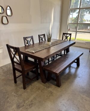 Kai 180/240cm Extending Dining Table & 4 Crossback Chairs plus Bench in Coffee Bean