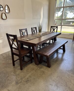 Kai 200cm Dining Table Set with Crossback Chairs & Bench in Coffee Bean