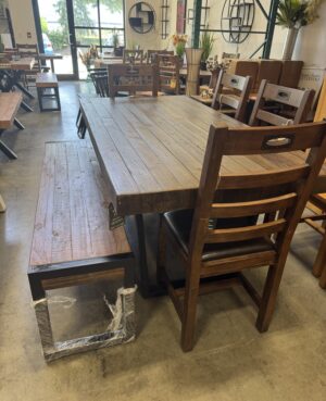 WAREHOUSE SALE - Flea Market Table, 4 Chairs and Bench in old Coffee Bean