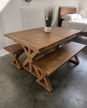 Bavaria Small Cross Leg Extending Dining Table with 2 x Bench Set in Cashew