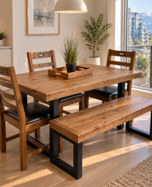 Brooklyn 135/80cm Fixed Top Table & 3 Flea Market Chairs Plus Bench in Cashew - ARRIVES NOV