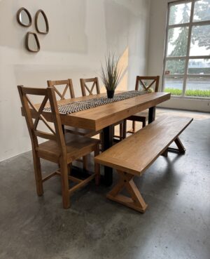 Brooklyn Large 180/240cm Extending Table, 4 Crossback Chairs & Bench in Rustic Natural