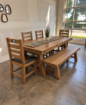 Kai 200cm Dining Table Set with 4 Flea Chairs & Bench in Cashew - ARRIVES OCT