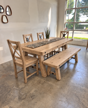 Kai 200cm Dining Table Set with Crossback Chairs & Bench in Buttermilk