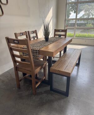 Brooklyn Small 140/180cm  Extending Table, 4 Flea Market Chairs & Bench in Rustic Natural