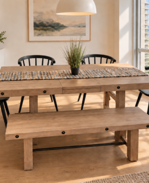 Kai 140/180cm Extending Table, 4 Bogart Chairs & Bench in Sun Bleached - ARRIVES DEC