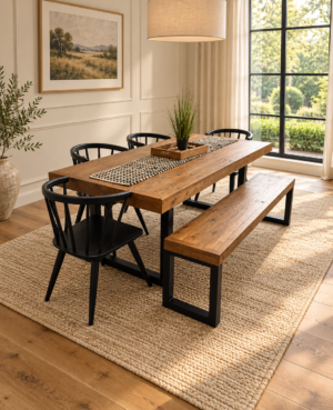 Brooklyn 180/90cm Fixed Top Table in Cashew, 4 Bogart Chairs Plus Bench - ARRIVES NOV