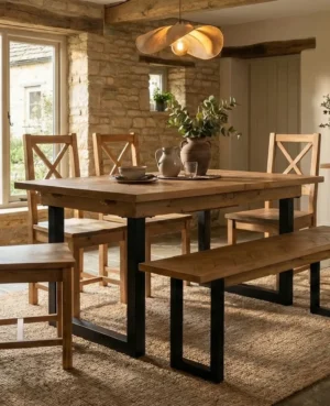 PRE ORDER - Tulsa 140/180cm Extending Table, 4 Chairs and Bench - ARRIVES JUNE